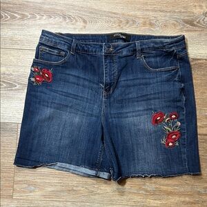 Stitch & Story Dark Blue Embroidered Denim Shorts with Red Floral Detail
